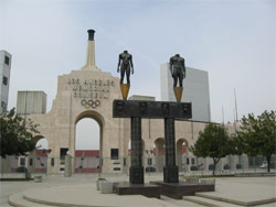 Memorial Coliseum Stadium in Los Angeles, California USA - In connection with the 1984 olympics Robert Graham created the Olympic Gateway - A pair of life-sized bronze nude statues modeled on American water polo player Terry Schroeder and long jumper from Guyana, Jennifer Innis, who participated in the 1984 games